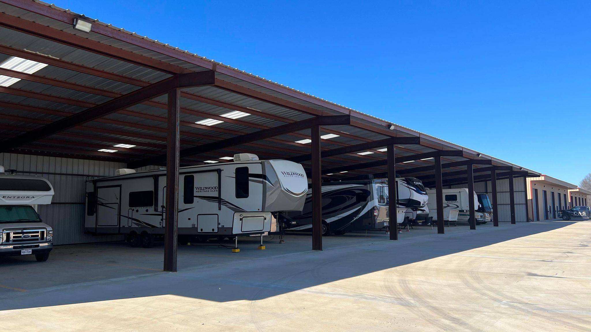 park your RV or boat in one of our 12 x 45 covered bays